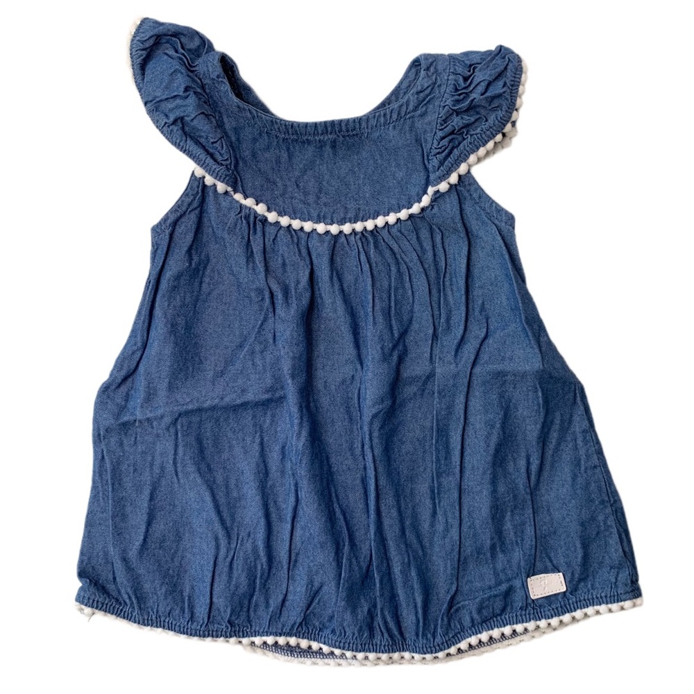 7 For All Mankind Boho Pom Pom Detail Cap Sleeve Denim Girl's Dress